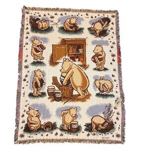 NWT Vintage Classic Pooh Woven Tapestry Throw Blanket Fringe Made In USA 48"x67"